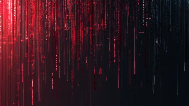 Abstract digital background featuring red data streaming vertical lines and cyber matrix flow patterns in dark atmosphere