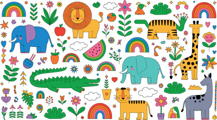 Cute safari animals vector illustration set with lion tiger elephant giraffe and colorful flowers isolated on white background © Leon