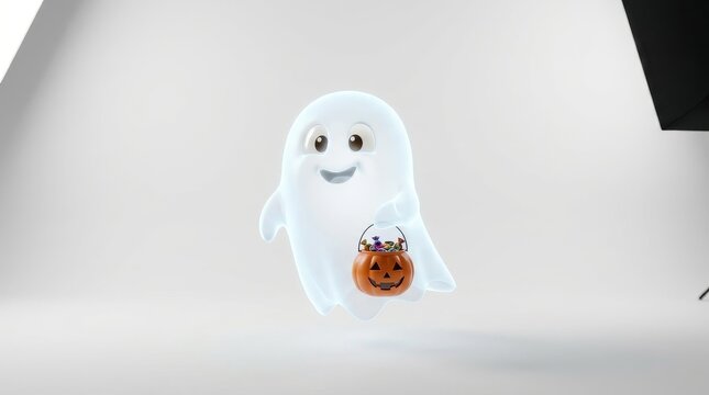 Halloween Ghost with Jack-O-Lantern Bucket in Minimalist Studio Setting