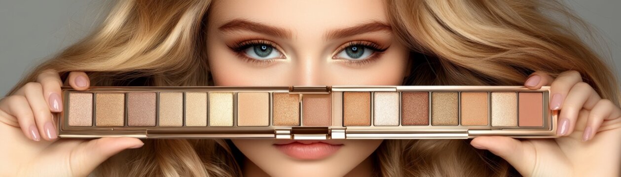 Stunning blonde woman holding eyeshadow makeup palette near face close up of beautiful blonde woman holding neutral eyeshadow palette