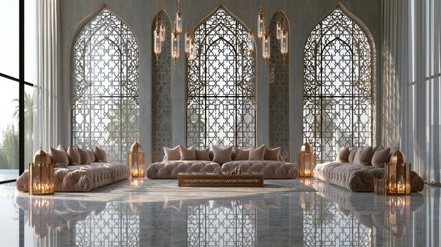 Luxurious interior features plush seating and ornate window designs.
