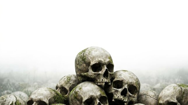 Halloween Skull Pile, Eerie Graveyard, Halloween Decor, Misty Atmosphere, Spooky Concept