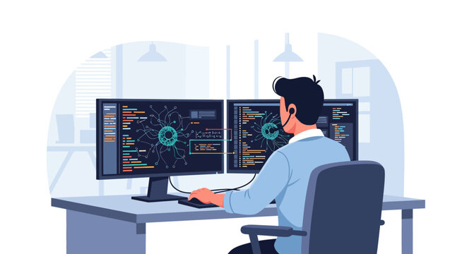 Man working on computers with code on screens.
