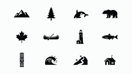 Obraz premium Black and white silhouette icons set with natural elements such mountains tree coastal symbols lighthouse canoe graphic aesthetic bold outlines