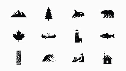 Obraz premium Modern minimalist black icons set featuring wildlife nature and cultural symbols on light background with flat design style against neutral backdrop versatility clarity