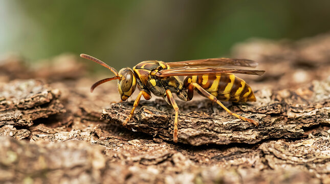 Yellow jacket wasp with detailed wings and antennae, crawling on tree bark, macro nature photo for wildlife education. Ai Generated
