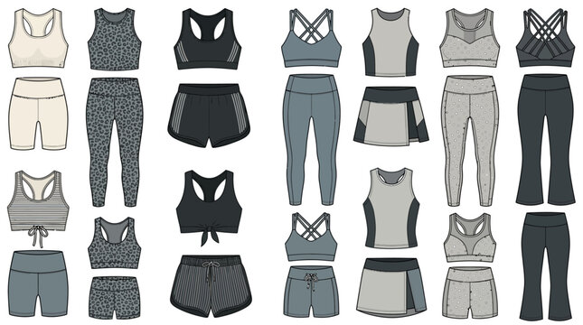 Comprehensive vector collection of women's athletic apparel flat sketches, showcasing various sports bras, leggings, shorts, and tops for fashion design templates and activewear collections