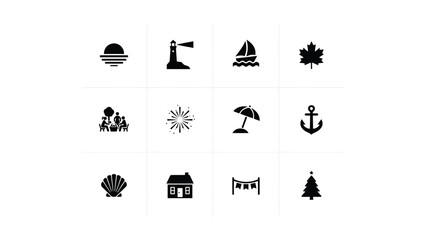 Minimalist black icons set featuring seasonal and coastal lifestyle symbols on light background with representing diverse themes grid twelve minimalist © Rahul