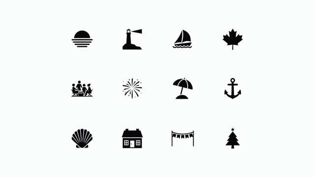 Minimalist black icons set featuring lifestyle travel and holiday symbols on white background with flat design style neutral white backdrop versatility clarity