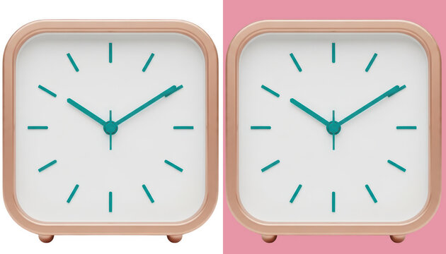Modern analog clock with teal hands on a pinkish brown frame isolated on transparent background png