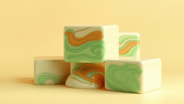 Cubical soaps stacked. Pastel colors blend, creating swirling patterns. Soft lighting highlights smooth textures, simple composition.