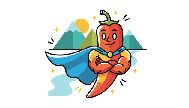 Spicy red hot chili pepper dressed as a strong superhero wearing a blue cape with mountains in the background.