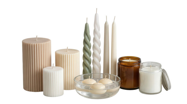 Minimalist decorative candles collection, elegant ribbed pillar candles and spiral taper candles, neutral home decor wax set on white background