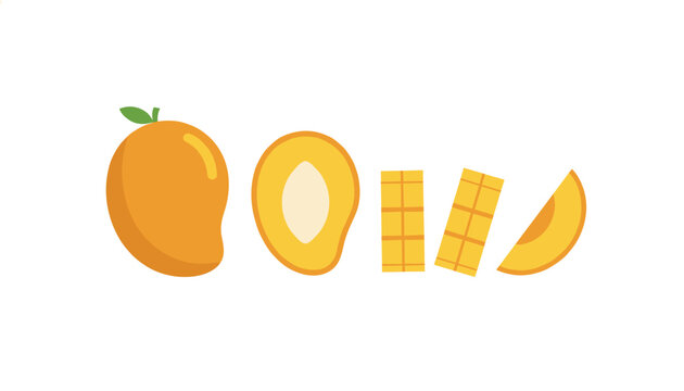 Sliced ripe mango collection showing whole fruit half with pit grid cuts and single juicy wedge on white background.