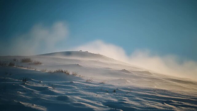 Cinematic snow dust blowing off hilltop