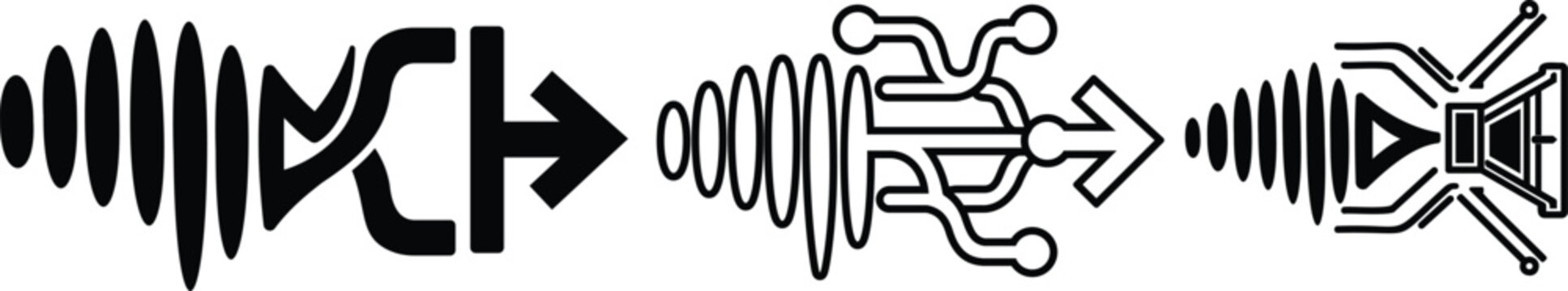 Abstract white outline graphic on a black background showing progression from a sound wave to a digital signal to final audio speaker output. Represents audio engineering.