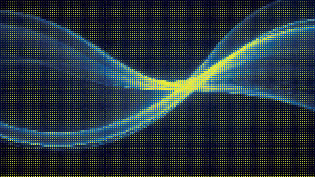 Abstract yellow and blue halftone dot pattern forms a dynamic glowing wave graphic background.