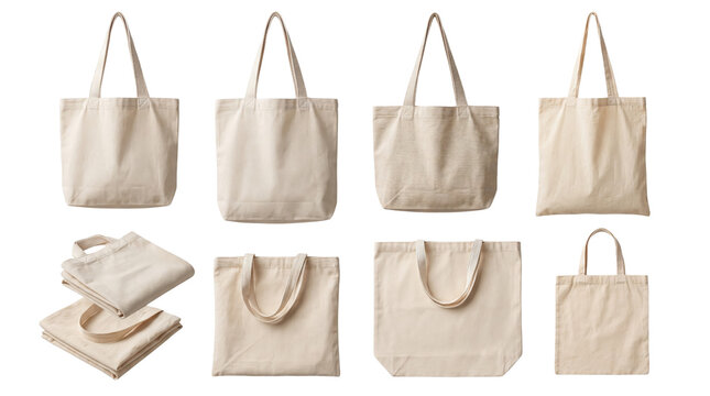 Natural cotton tote bag mockup collection, blank beige canvas shopping bags in 8 various views, eco-friendly fabric grocery bag set isolated on white