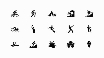 Obraz premium Set of minimalist flat icons depicting diverse outdoor activities and lifestyle elements in bold black silhouettes with evoking simplicity versatility graphic design use