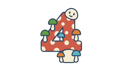 Naklejka premium Whimsical cartoon number four decorated with cute polka dot mushrooms and forest fungi in a playful illustration style.