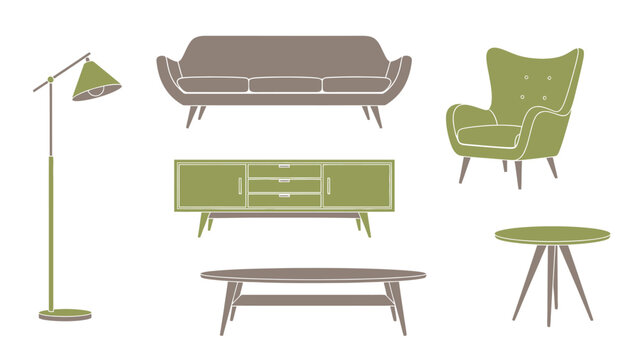 Mid-Century Modern Furniture Vector Illustrations Set.
A curated set of flat vector illustrations depicting various mid-century modern style furniture pieces. The collection includes a sleek three-sea