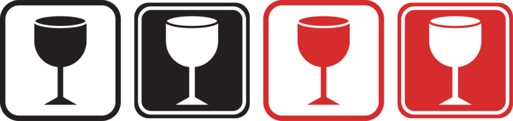 Fragile glass sign icon set with broken wine glass and package handling symbols in solid and colored styles. featuring wine glass illustrations, broken glass indicators, handle with care hands, and th © MDParveg