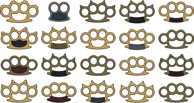 Brass knuckles vector icon set featuring various metallic knuckle duster designs with spikes grips and classic self defense weapon shapes isolated on white