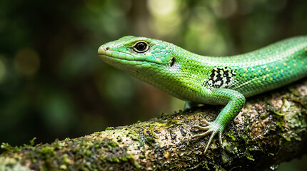 Fototapeta premium Green lizard resting on moss-covered rock in forest for nature education projects . Ai Generated