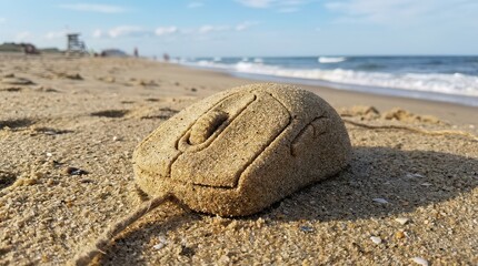 Computer mouse made of sand sitting on a sunny beach near the ocean waves © Razaul Amin