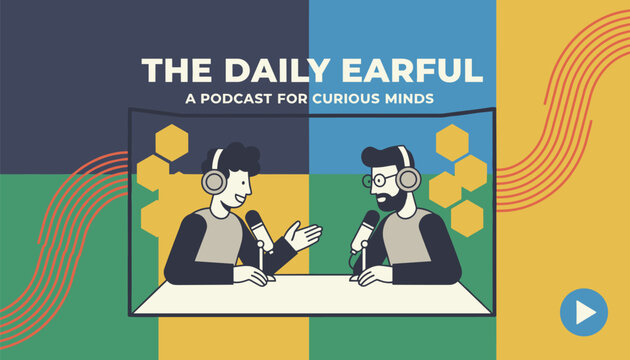 Podcast cover illustration featuring two male hosts speaking into microphones under title the daily earful.