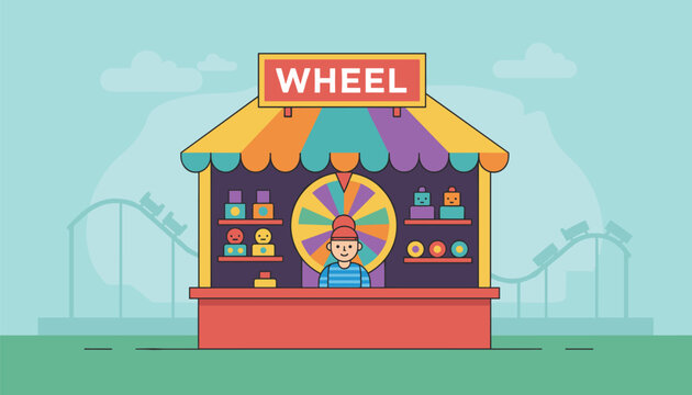Fun fair carnival booth game spin the wheel with colorful prizes and a friendly worker in a blue shirt.