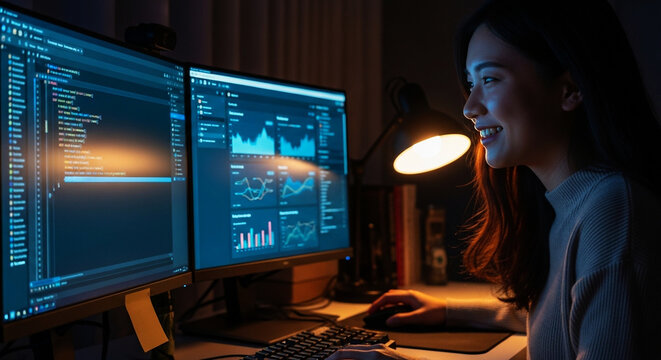 Female Programmer Developing Software on Multiple Monitors at Night
