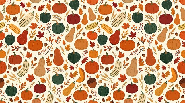Continuous repeating print featuring winter squashes. Cozy autumnal backdrop showcasing harvest elements for seasonal holiday decorations. Flat vector layout for traditional gatherings.  seamless