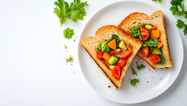 Delicious toast sandwiches with vegetables on white plates, close up top view on white background