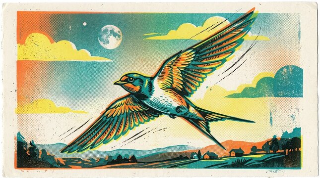 Colorful swallow bird flying in the sky over a landscape at sunset with a full moon