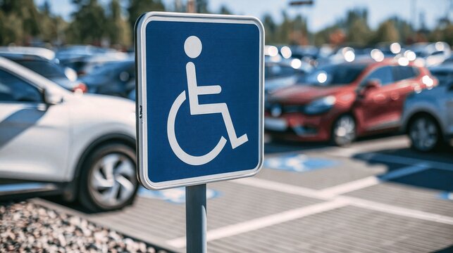 Blue parking sign indicates a designated space for individuals with disabilities in a busy lot.