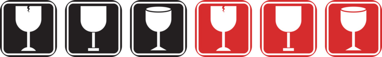 Fragile glass sign icon set with broken wine glass and package handling symbols in solid and colored styles. featuring wine glass illustrations, broken glass indicators, handle with care hands, and th © MDParveg