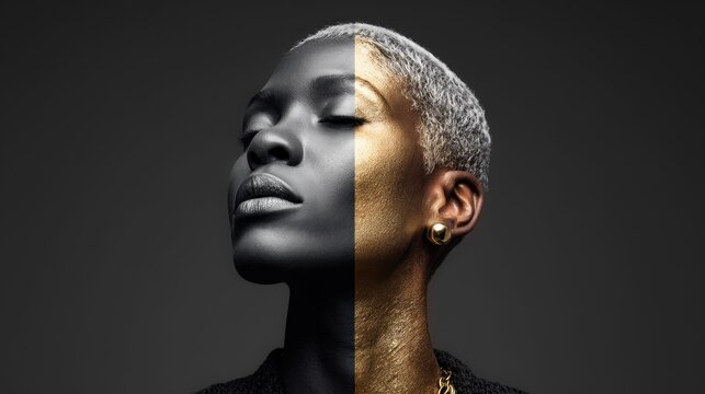 Split-face portrait of a woman with gold and black skin