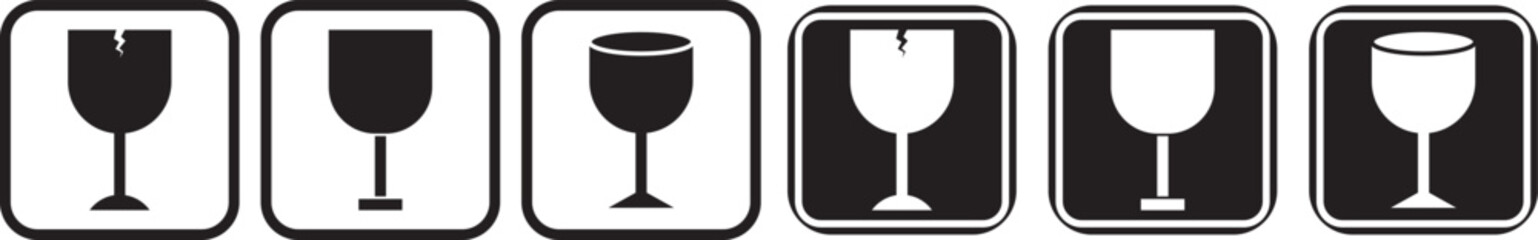Fragile glass sign icon set with broken wine glass and package handling symbols in solid and colored styles. featuring wine glass illustrations, broken glass indicators, handle with care hands, and th © MDParveg
