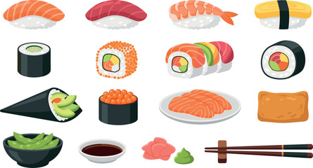 Japanese sushi vector illustration set with salmon nigiri, maki rolls, California roll, sashimi plate, temaki cone, edamame bowl, wasabi, ginger, and chopsticks. © MdMehedi