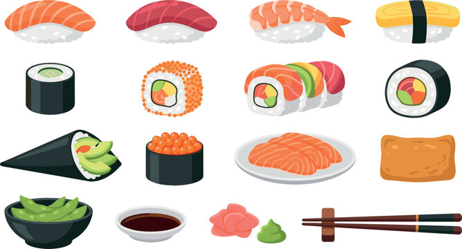 Japanese sushi vector illustration set with salmon nigiri, maki rolls, California roll, sashimi plate, temaki cone, edamame bowl, wasabi, ginger, and chopsticks.