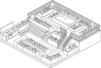 Isometric line art illustration of a modern rooftop garden design featuring a swimming pool, outdoor kitchen, and raised planter beds © Beauty