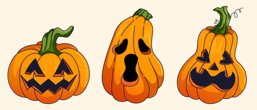 Gourd collection with different shapes and carved Halloween faces, Jagged Creepy Grin, Ghost Hollow Eyes Screaming Face & Terrified looking Expressioned spooky jack-o-lantern illustration hand drawn