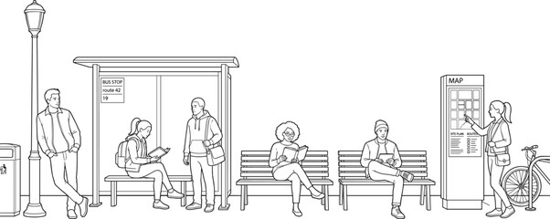 Obraz premium Black and white line art vector of people waiting at a city bus stop shelter with benches and map kiosk