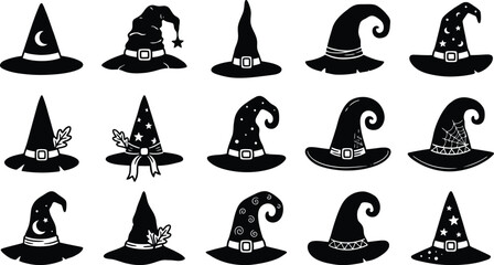 Set of 15 various witch hats silhouettes, halloween elements. traditional wizard hat, magic headwear, pointed cap for witchcraft isolated on transparent background. © jim's Cafe