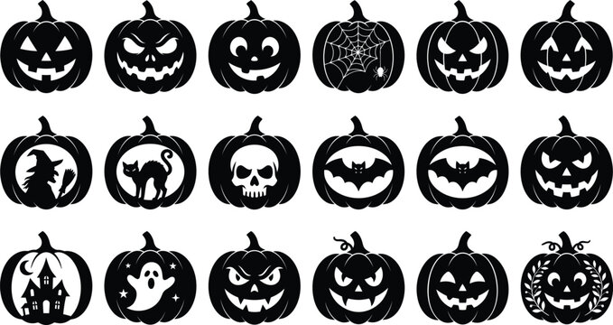 Halloween pumpkin lantern silhouette set with spooky faces and festive icons for holiday design and decoration elements.