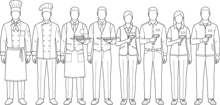 Blue line vector illustration of diverse service industry professionals including chefs, waiters, and retail workers with barcode scanners