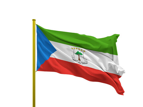 Equatorial Guinea flag waving on a golden pole isolated on Transparent Background