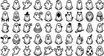 Obraz premium Set of funny and cute ghost characters with different expressions and costumes on transparent background.