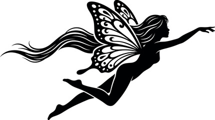 Fototapeta premium Beautiful Fantasy Fairy Girl Silhouette Flying Through The Air With Detailed Butterfly Wings And Flowing Hair